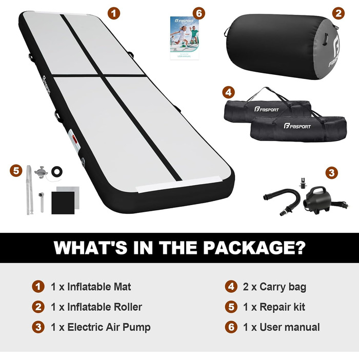 FBSPORT Килимок для гімнастики та йоги надувний, 400x100x10 см, з ролею, чорно-сірий
