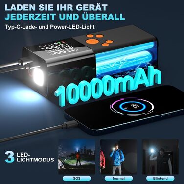 Електричний акумуляторний компресор-насос 150PSI 10000mAh з LCD-дисплеєм, портативний насос для шин і матраців