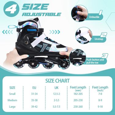 Регульовані роликові ковзани-ролики для дівчаток та хлопчиків, підшипники ABEC 7, високопружні PU колеса, алюмінієва рама, для вулиці, залу, дітей та дорослих