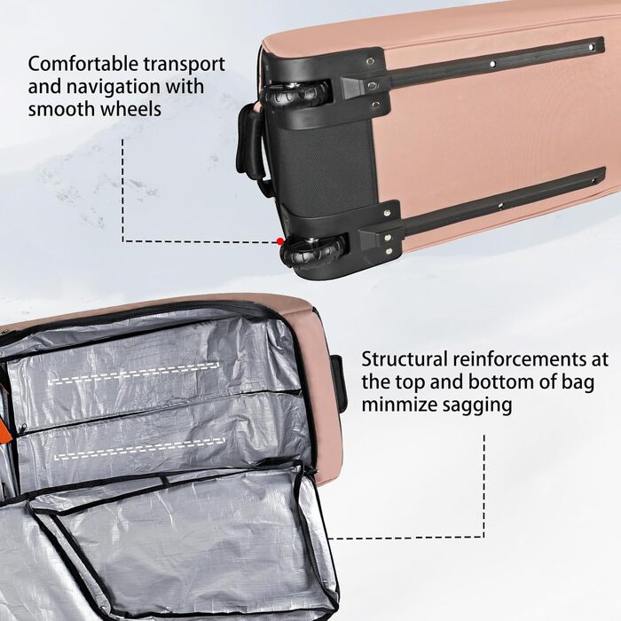 Чохол для сноуборда на колесах, водонепроникний, 600D, для подорожей літаком, вміщує 2 пари лиж (175см), рожевий