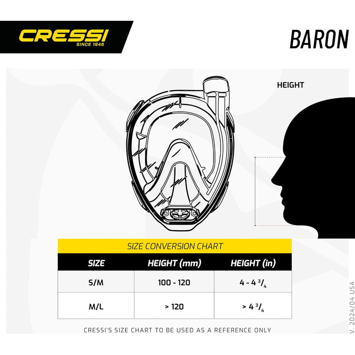 Маска для снорклінгу CRESSI Baron з повним оглядом, унісекс, з трубкою для дихання, розмір для дорослих