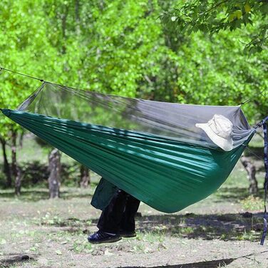 Гамак Sendowtek Outdoor з москітною сіткою, 290 x 140 см, нейлон парашутного типу, вантажопідйомність 300 кг, ультралегкий гамак для подорожей, кемпінгу, балкону, патіо, саду (армійний зелений)