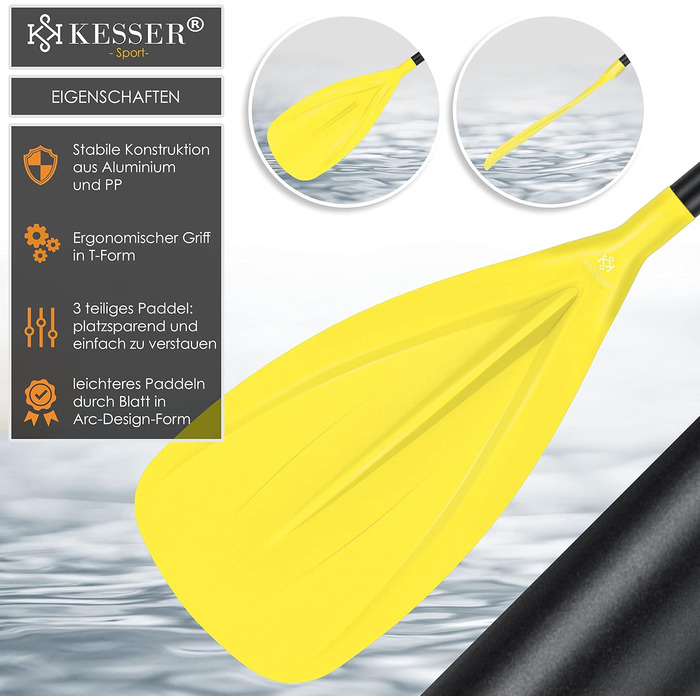 Весло KESSER 3-в-1 для SUP, каяка, дошки, алюмінієве, телескопічне, 165-215 см, антиковзне, жовте