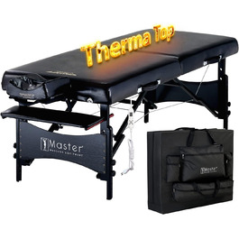 Складаний масажний стіл Master Massage Galaxy 76 см з підігрівом ThermaTop, дерев'яні ніжки, косметологічна кушетка, переносна, чорний, у комплекті сумка