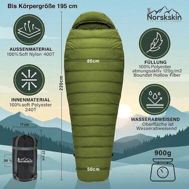 Спальний мішок Mumienschlafsack Norskskin Ultralight 205 Grün - екстремальний (-6°C), з'єднуваний, з кишенею для подушки, правий блискавка