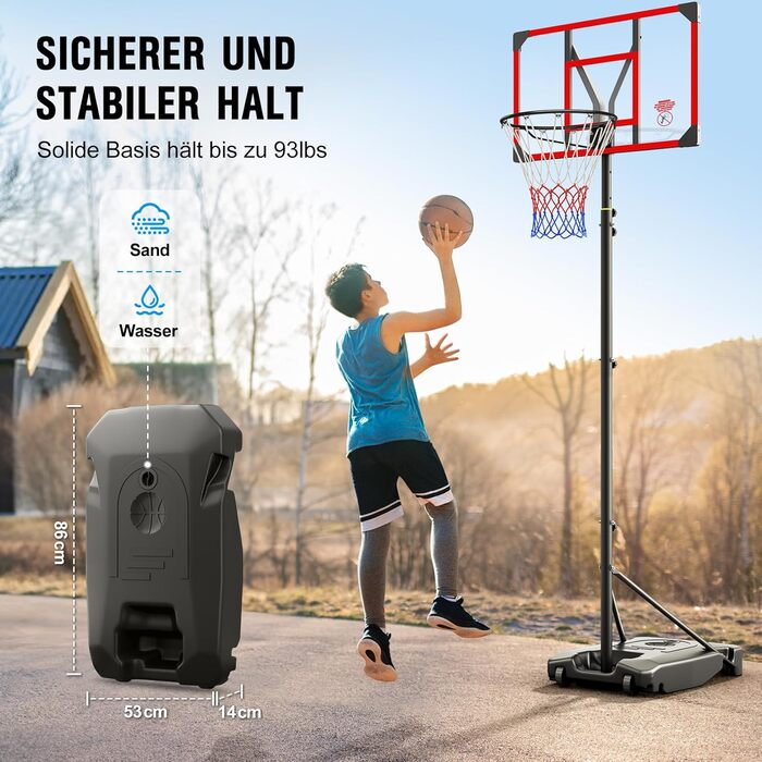 Баскетбольний кошик Outdoor з підставкою, регульована висота 147-260 см, ударостійка задня стінка 82x53 см, збільшений діаметр та колеса, для гри в приміщенні та на вулиці, червоний