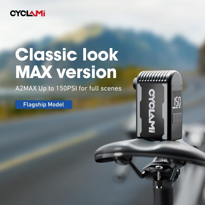 Електричний велосипедний насос CYCLAMI A2MAX Mini з автоматичним вимірюванням тиску до 150 PSI, акумулятор USB-C, для ніпелів Presta і Schrader
