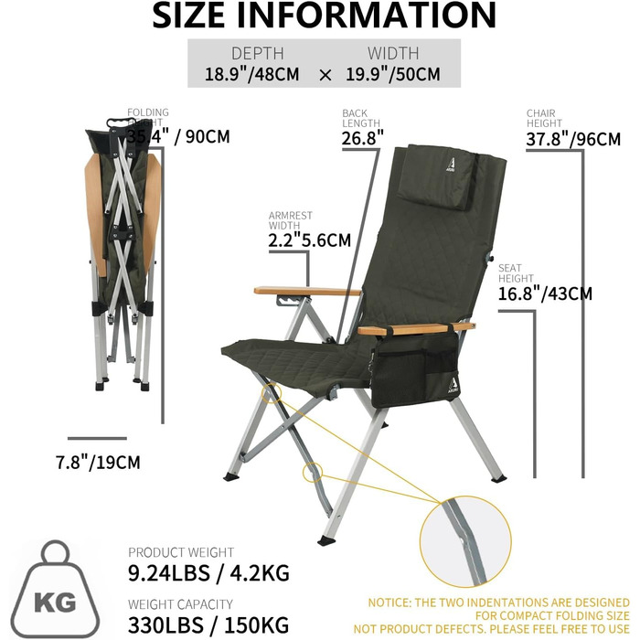 Крісло для кемпінгу складне, з високою спинкою, регульована спинка в 4 положеннях, до 150 кг, для саду, риболовлі, відпочинку на природі (зелене)