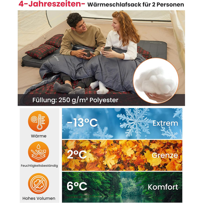Сплячий мішок KingCamp для 2 осіб з фланелі, зимовий, 3-4 сезони, з подушками, для кемпінгу та відпочинку на природі (сірий)