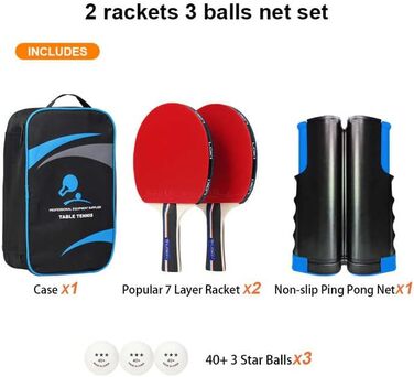 Набір для настільного тенісу LOKI з сіткою та м'ячами 3 зірки - Преміум ракетки з ITTF-сертифікацією - Розсувна сітка - Сумка для перенесення