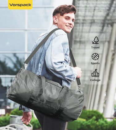 Спортивна сумка Vorspack для чоловіків та жінок — водонепроникна складна дорожня сумка для подорожей, спортзалу та ручної поклажі, сіра, 28 дюймів