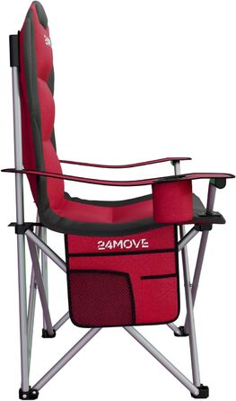 Крісло для кемпінгу 24MOVE® складне, 150 кг, з підлокітниками, кишенями та сумкою, для риболовлі, пляжу, відпочинку (Червоне)