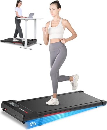 Laufpad Dskeuzeew 4-в-1 з нахилом: біговий килимок з регулюванням кута нахилу до 5% для дому. Максимальне навантаження 130 кг, швидкість 1-8 км/год, безщітковий двигун. Підходить для використання під столом. Чорний колір.