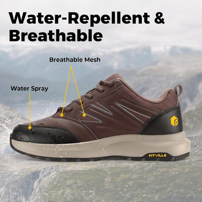 Черевики для хайкінгу FitVille для чоловіків, широкі, водонепроникні, трекінгові, антиковзаючі, для будь-якої погоди, з підтримкою склепіння стопи, розмір 39.5-50, колір коричневий