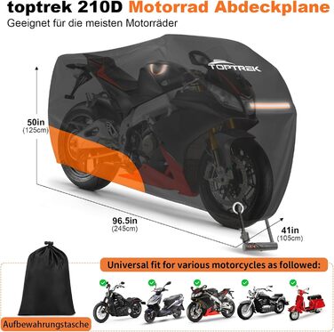 Водонепроникний чохол для мотоцикла toptrek Outdoor 210D, зимовий захисний тент з відбивачами та сумкою для зберігання (245x105x125см)