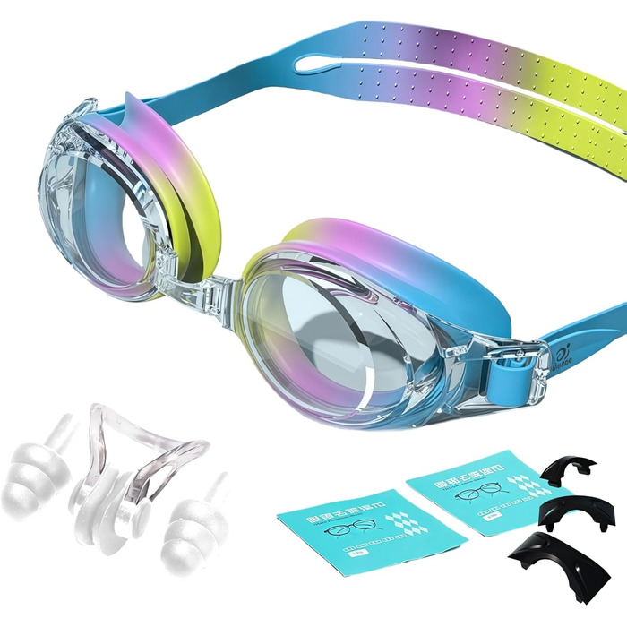 Оптична плавальна маска з діоптріями -1,5, антизапар, UV-захист, з вушними затичками, універсальний розмір, для чоловіків та жінок (Кольорова)