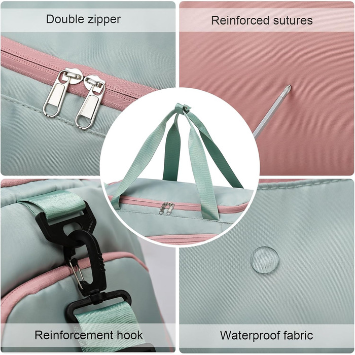 Спортивна сумка для жінок 45L з відділенням для взуття, мокрою сумкою, водонепроникна, для подорожей, спортзалу, басейну. Сумка-рюкзак для фітнесу, спорту, подорожей. Зелена/Рожева.