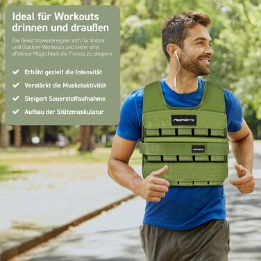 Вага для тренувань MSports Premium, регульована 5-30 кг, жилет для бігу/фітнесу, чорний Military Green