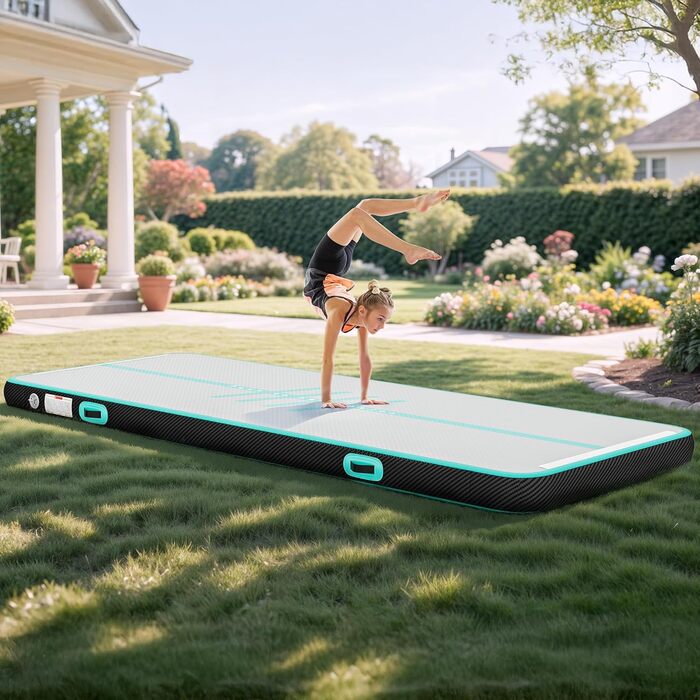 Накидка-мат для гімнастики DWVO Air Matte Track, 3/4M, 4M з вуглецевим волокном, стильний дизайн з повітряним насосом 10см, для тренувань, акробатики, йоги, активного відпочинку та фітнесу, зелений колір, покращений шрифт (чорний шрифт, 4M)