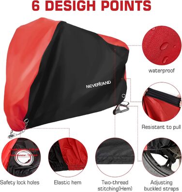 Водонепроникний чохол для мотоцикла NEVERLAND XXXL (255x75x145см), 300D Oxford, захисна навіс-гараж з замками та вітрозахистом, чорно-червоний