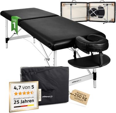 Масажний стіл HABYS Sofia Light Massageliege: складаний, дерев'яний, 2 зони, 185x60x85 см, до 250 кг, з підлокітниками, підголовником, сумкою, сертифікат MDR, бежевий (чорний)