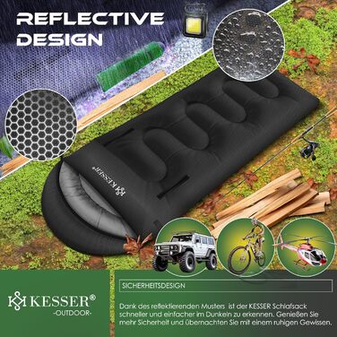 Сплячий мішок KESSER® Outdoor | Дека-сплячий мішок 3-4 сезони | Спальний мішок для дорослих та дітей | Легкий, теплий, водонепроникний | з ліхтариком та кишенькою, чорний, 220 x 83 см