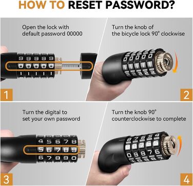 Замки для велосипеда з цифровим кодом, 11 кольорів, 90 см, рівень безпеки 8, 5-значний код, ланцюговий замок для велосипеда, мотоцикла, ролера, дверей (чорний)