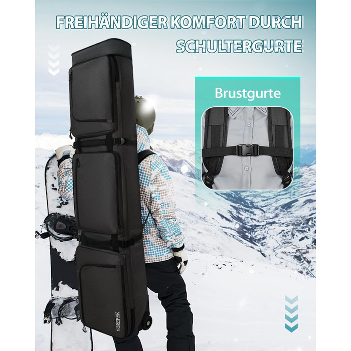 Чохол для сноуборду YOREPEK на колесах, водонепроникний, з кишенями для черевиків, розширюваний, 170 см, для 2 пар лиж/сноуборду, чорний