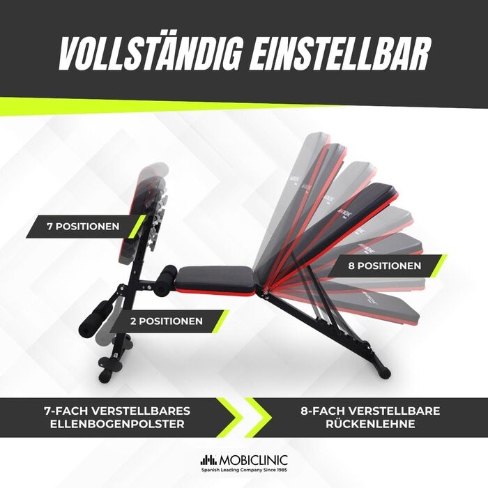Mobiclinic Складана універсальна лавка для жиму зі штангою, з регульованим нахилом, опором-стрічками, колесами, до 120 кг, для домашнього фітнесу