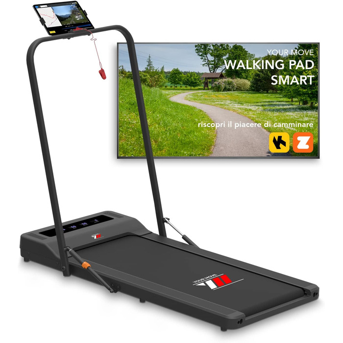 Електрична бігова доріжка та Walking Pad 2 в 1 YM, компактна, чорна, з поручнем і тримачем для планшета, Bluetooth-динаміки, сумісна з KINOMAP і ZWIFT, дистанційне керування, 6 програм
