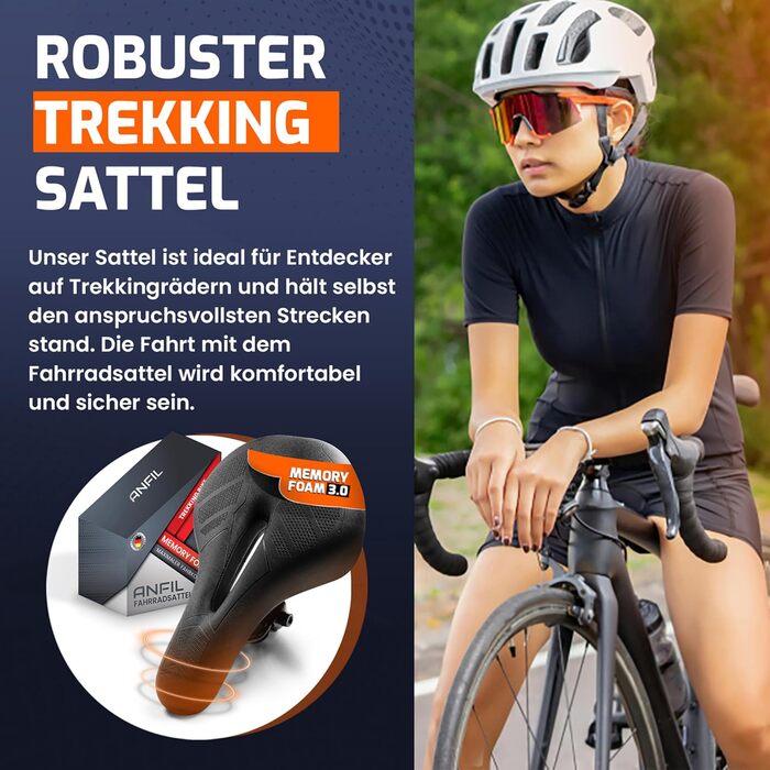 ANFIL® Велосипедне сідло - Максимальний комфорт - Ергономічне сідло з Memory Foam 3.0 для жінок та чоловіків - Зручне та м'яке з оптимізованим розподілом тиску для тривалих поїздок (трекінг)