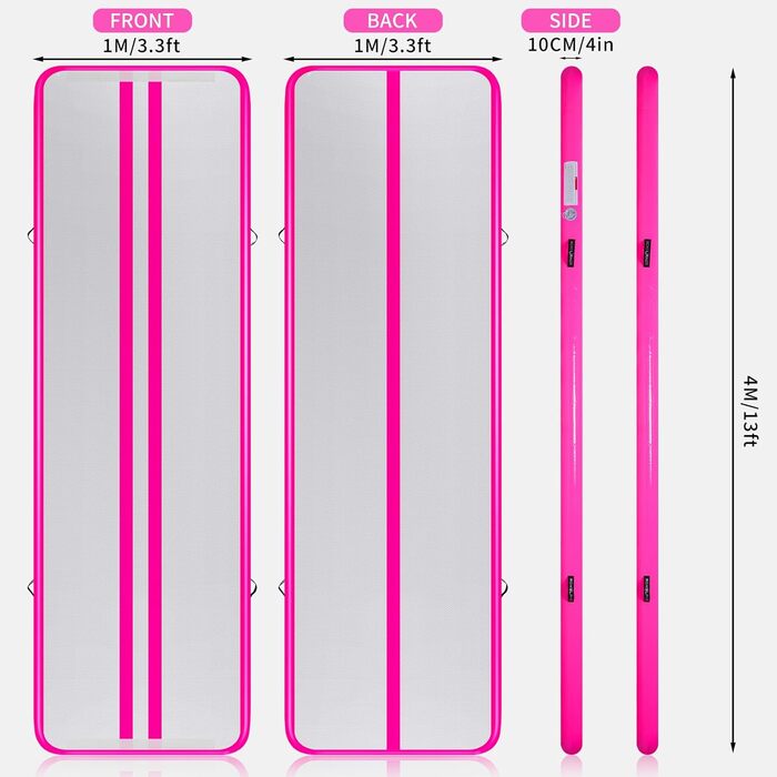 Гімнастичний надувний мат для занять та йоги, 400x100x10 см, рожева