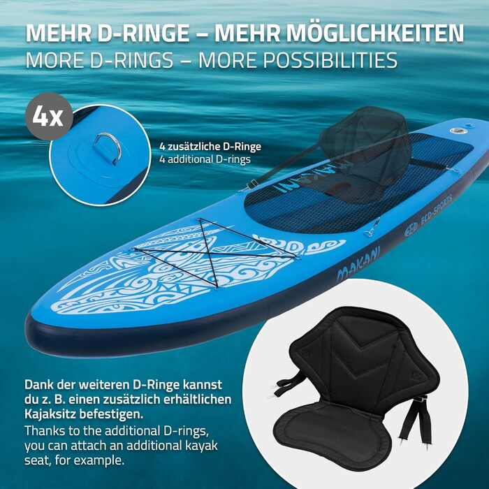 Надувна SUP-дошка ECD Germany Makani 320 см, PVC, алюмінієве весло, повний комплект, синя/помаранчева/чорна/бірюзова/зелена – для серфінгу, веслування, серфборд
