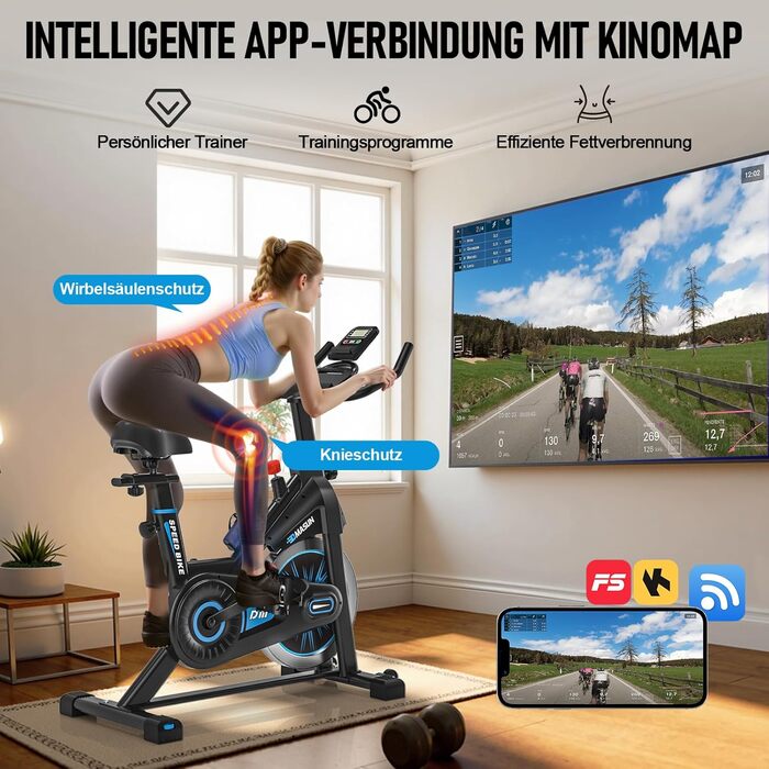 Велотренажер DMASUN з магнітним опором, тихий та стабільний, ергометр з сумісністю з додатком та LCD-монітором, покращений велотренажер для дому, 180 кг, блакитний