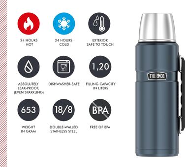 Термос STAINLESS KING Ice Grey 1.2 л з нержавіючої сталі, з чашкою та ручкою, 24 години гарячий/холодний, BPA-free
