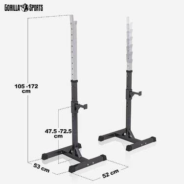 GORILLA SPORTS® Регульована стійка для штанги, сталева, вантажопідйомність до 500 кг, 52x53x105-172 см — стійка для штанги, хромована, для присідань, для тренажерного залу
