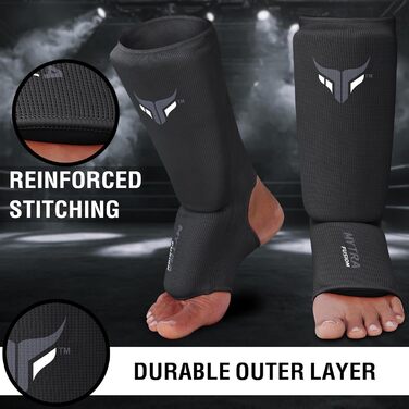 Захисники ніг для кікбоксингу Junior - легкі, дихаючі, з підкладкою, чорні. Підходять для кікбоксингу, муай-тай, MMA. Розмір XXS.