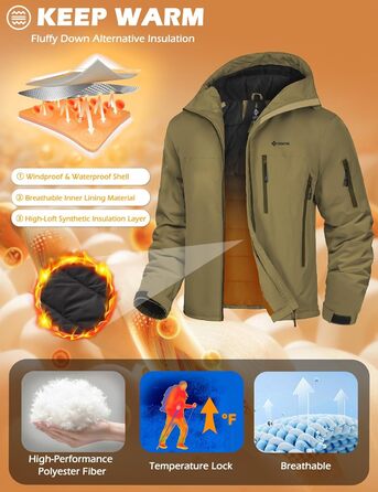 Чоловіча зимова куртка GEYSE: водонепроникна, з капюшоном та інтегрованими підтяжками. Ідеальна для сноубордингу, хайкінгу та активного відпочинку. Колір: Areegrün (пісково-сірий), розмір S