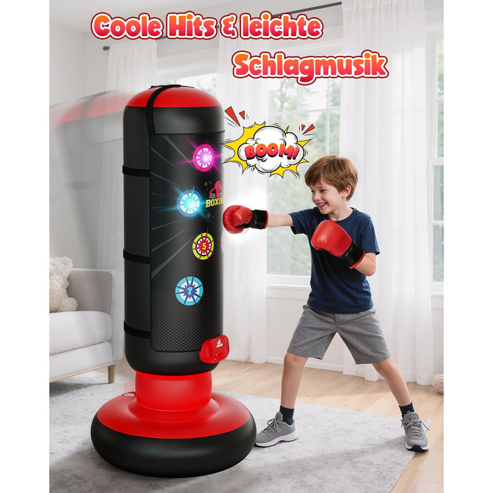 Інтерактивний боксерський мішок для дітей з музикою та світлом, стоячий, надувний, з рукавичками, для хлопчиків 6-12 років, червоний, L