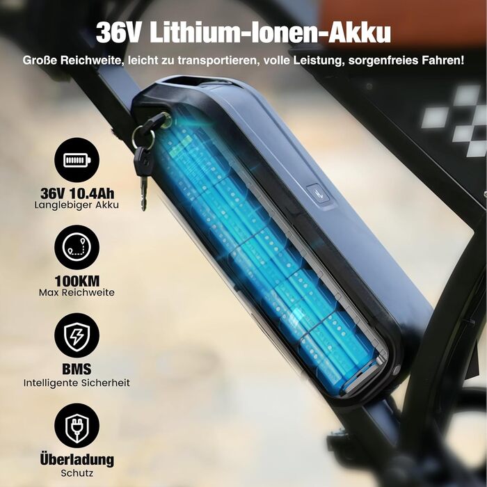 Електровелосипед Finbike з універсальними 20x4.0 дюймовими широкими шинами, знімним акумулятором 10.4Ah, 4 режимами їзди, запасом ходу до 100 км, для чоловіків і жінок