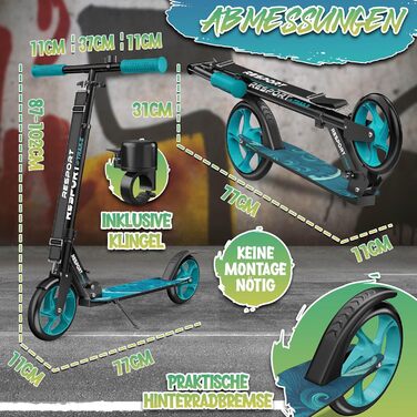 Дитячий та дорослий трюковий самокат Cityroller з дзвінком та ременем | Регульована висота, складаний, до 100 кг | Великі колеса, Kickscooter, турквіс