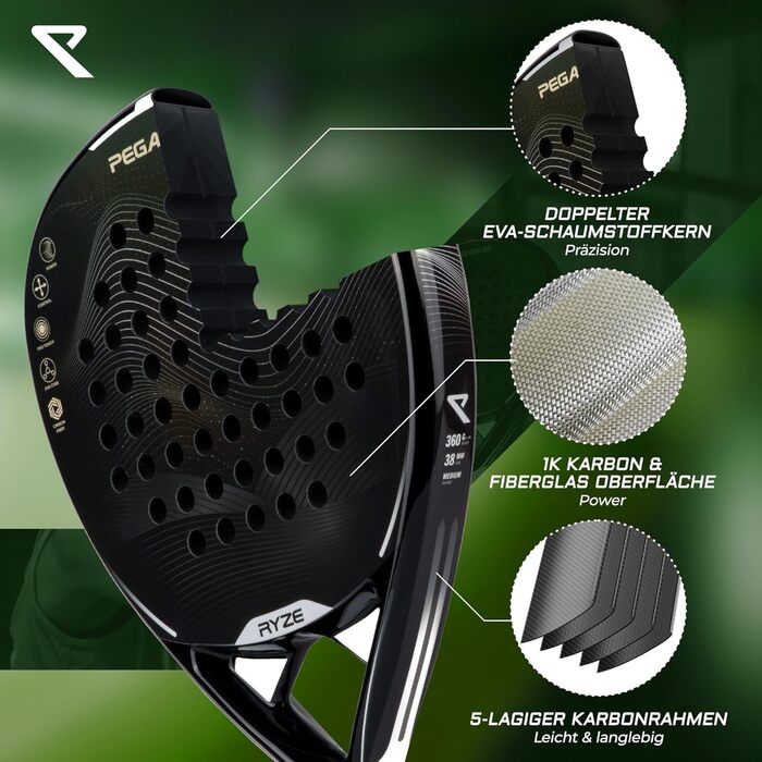 RYZE Pegasus: Пadel-ракетка з 100% карбону - максимальна потужність та контроль - 360г, унісекс. Комплект з чохлом