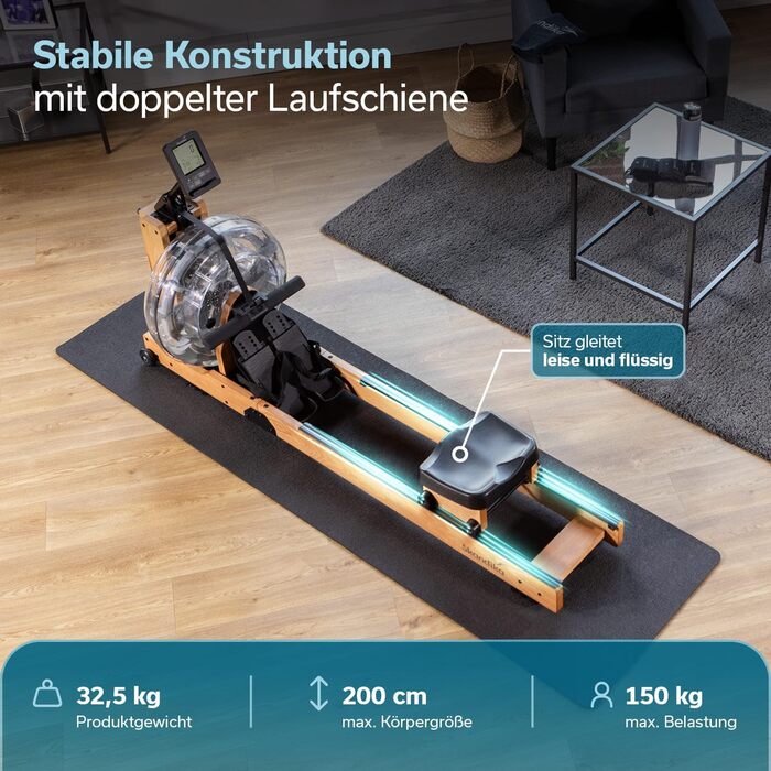 Водний тренажер Skandika Lykke: дерев'яний, для дому, з великим баком 90°, сумісний з Kinomap