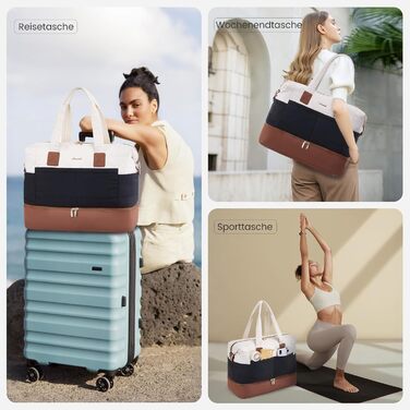 Сумка-вихідні LOVEVOOK для жінок, клінічна сумка, валіза ручної поклажі, легка лікарняна сумка, містка дорожня сумка-мішок з відділенням для взуття та косметичка, спортивна сумка для подорожей (B-чорний, бежевий, коричневий, 52x38x25 см (50 л))