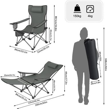 Крісло для кемпінгу Woltu, складане, рибальське, легке, з підніжкою та підсклянником, сіре