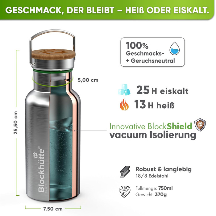 Термос-пляшка з нержавіючої сталі Premium 750 мл з щіткою з натуральної щетини | Ізольована, не протікає, для спорту та відпочинку | Без BPA, срібляста