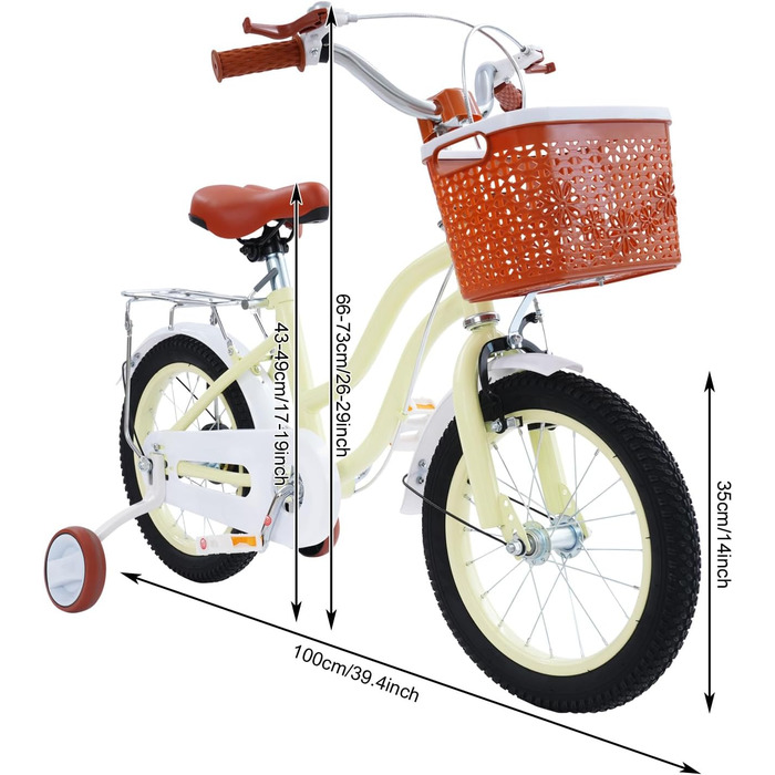 Дитячий велосипед 14 дюймів у стилі ретро з додатковими колесами, заднім сидінням та кошиком, регульована висота, для дітей 3-7 років, бежевий