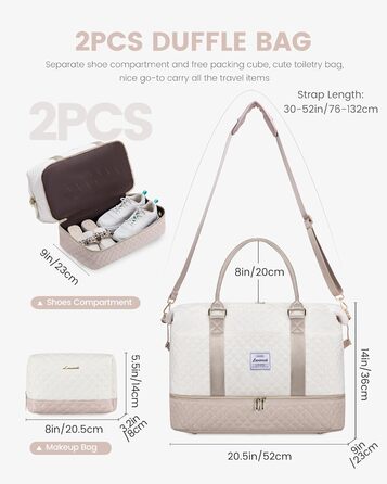 Спортивна сумка LOVEVOOK для жінок з відділенням для взуття, ручна поклажа, сумка для подорожей, вікенд, дуфл, сумка для подорожей, ручна поклажа, клінічна сумка, набір для пологів, для спортзалу, пляжу, сауни, кемпінгу, XL, 2 шт., Бежевий, Ніжний рожевий