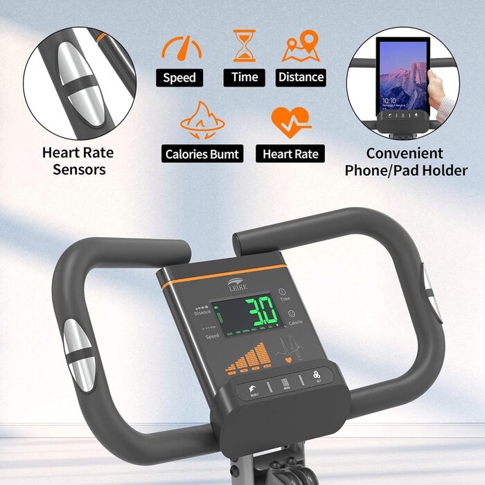 Leikefitness Складне велотренажер з еспандерами, датчиком пульсу та LCD-дисплеєм, сірий (2280)