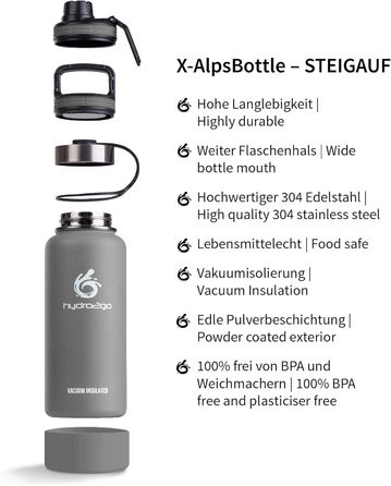 Гідрофляга hydro2go X-AlpsBottle 1 л з нержавіючої сталі – вакуумна термобутилка з 3 кришками, подвійними стінками, для спорту та туризму, Stone Grey